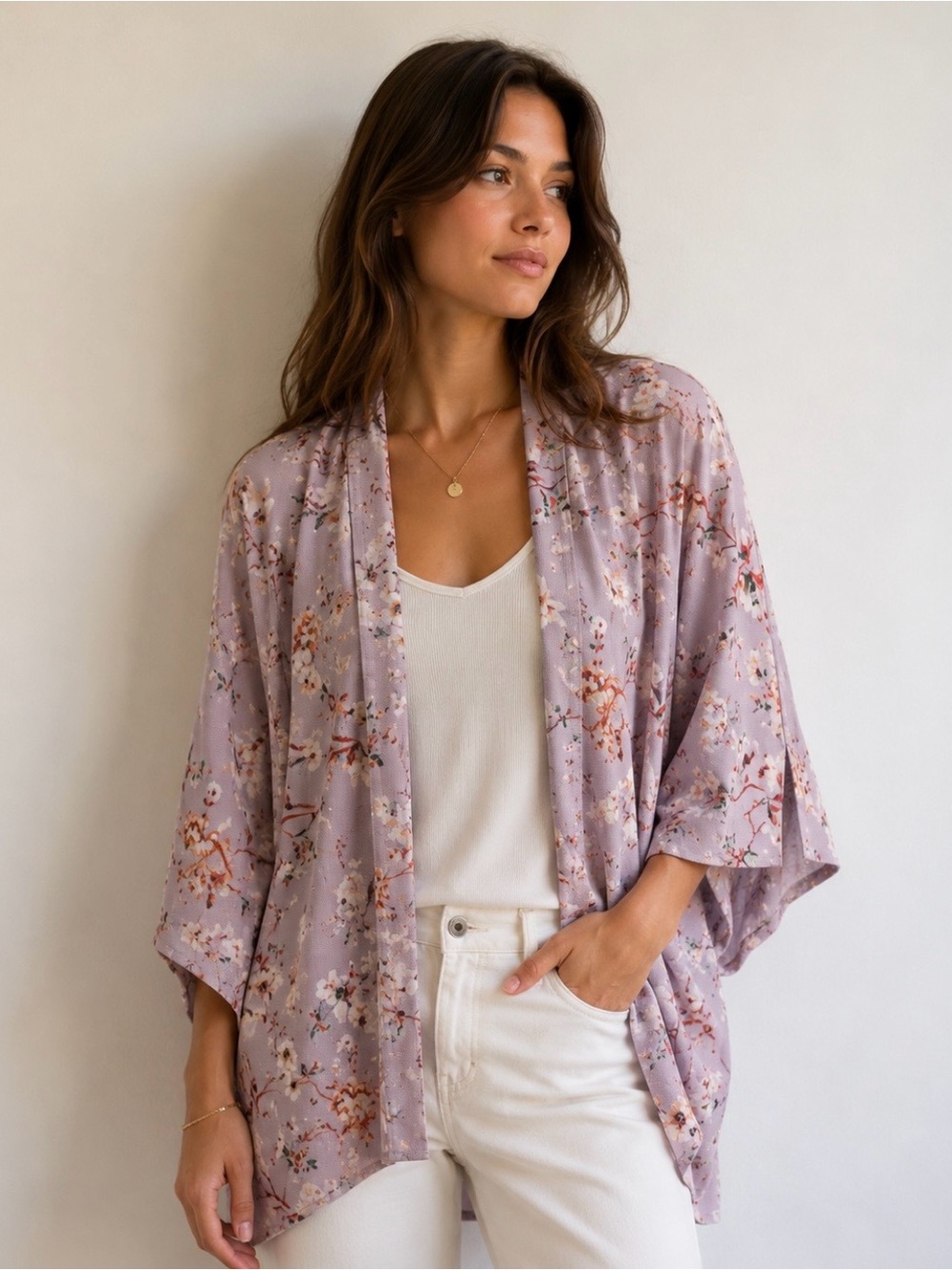 Source Unknown Lavender Floral Draped Cardigan